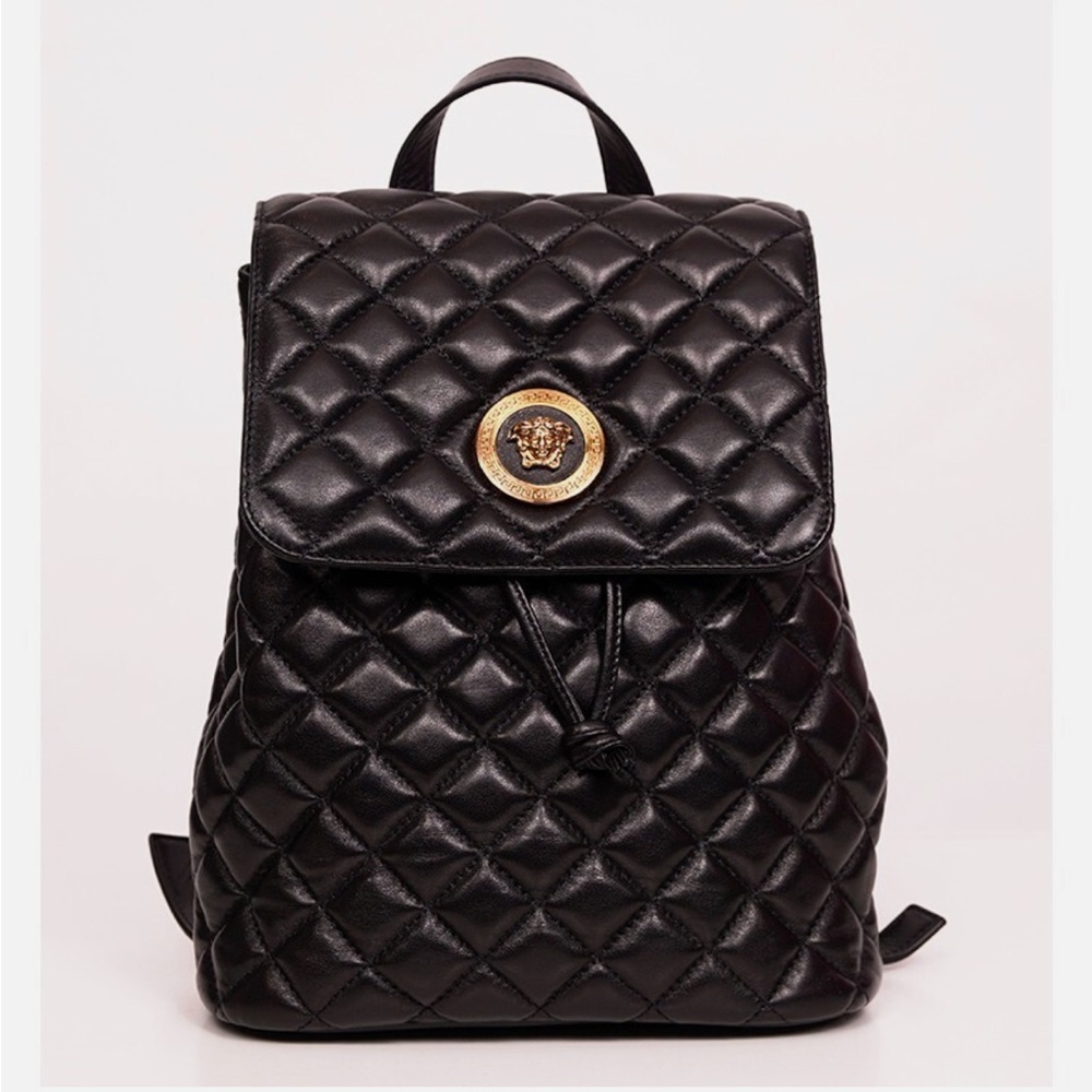 Versace Black Leather Medusa Quilted Flap Backpack DBFI160S